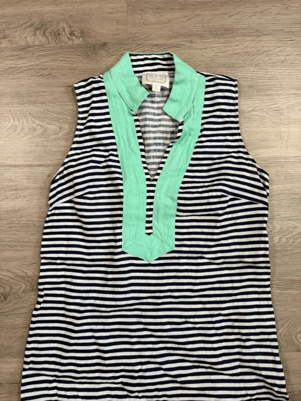 SAIL TO SABLE Linen Classic Sleeveless TUNIC DRESS Navy Stripe Mint M